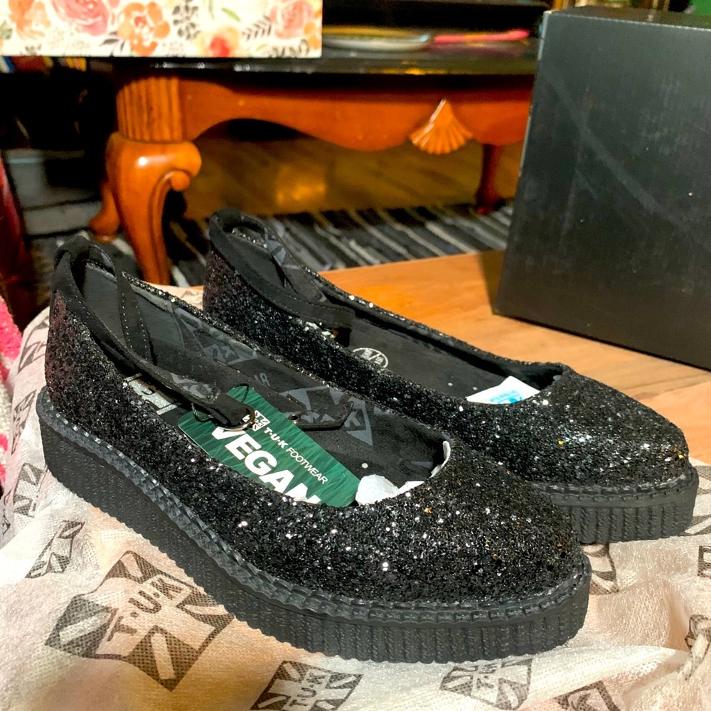 TUK black glitter pointed Mary Janes